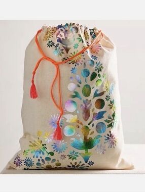 2 Free People Gift Bags Gray Abstract Tote with Rainbow Metallic Pouch Buti Logo